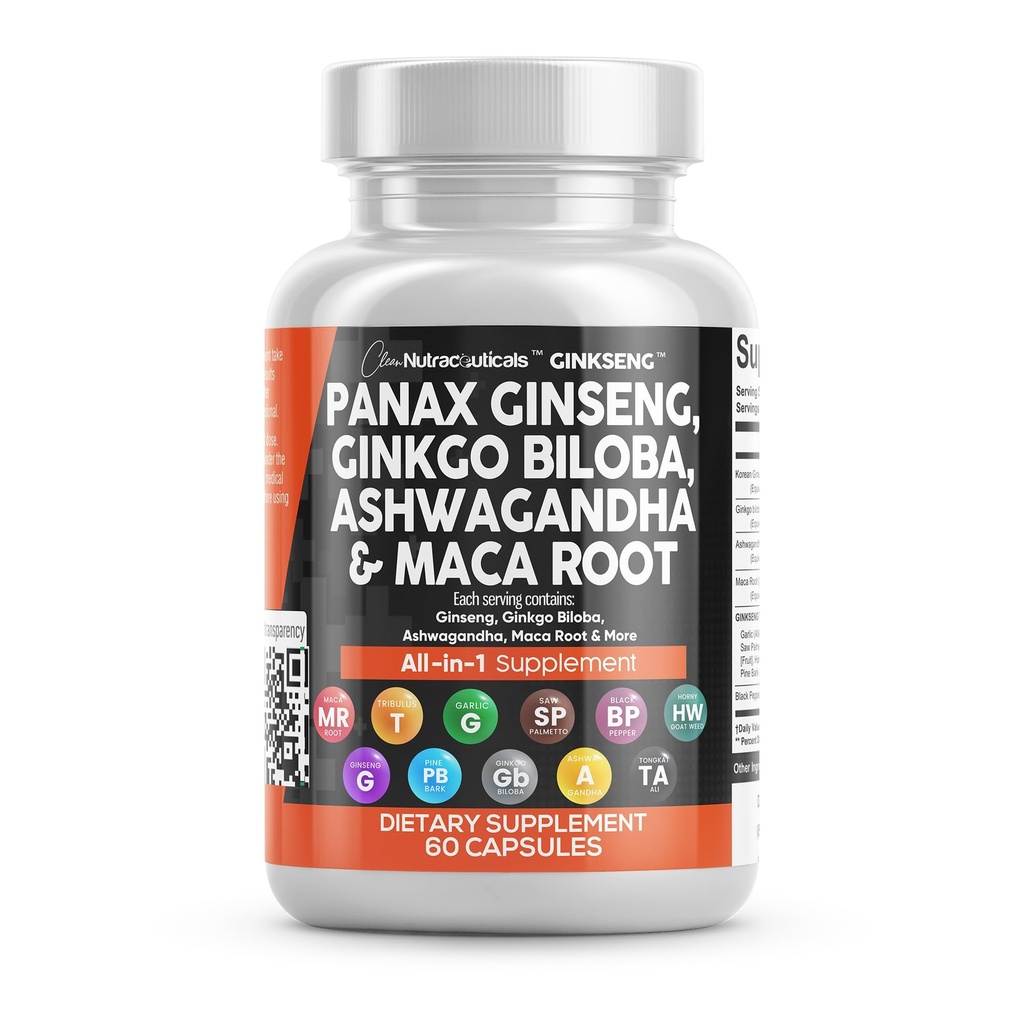 ניקוי Nutraceuticals Panax גינזנג ג'ינקגו בילובה אשווגנדה שורש - להתמקד גלולות תוספת לנשים וגברים עם פין ברק לחלץ, Garlic, ו Saw Palmetto - 60s Caps Caps Caps