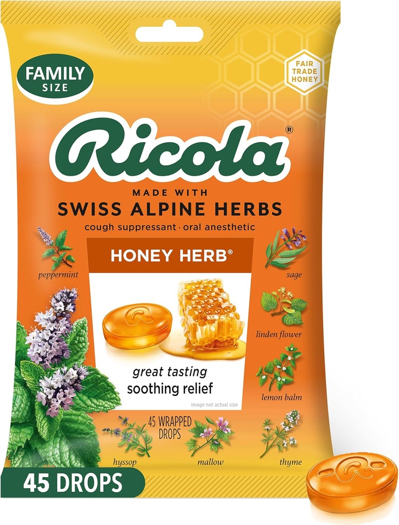 Ricola Honey Herb Cough Drops, 45 Count, Fair Trade Honey & Natural Menthol Cough Suppressant & גרון Relieving טיפות, Great Tasting הקלה עבור Coughs & גרון Irritation סימפטומים