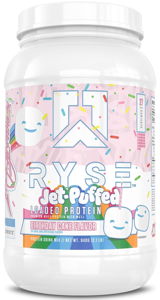 אבקת חלבון עמוסה - Jet-Puffed Birthday Cake - 25g Whey Protein Isolate & Concentrate with Prebiotic סיבים & MCTs - Low Carb, Low Sugar, Low Sugar, Digestive-Friendly - 27 משרתים / 2 lb Tub Tub