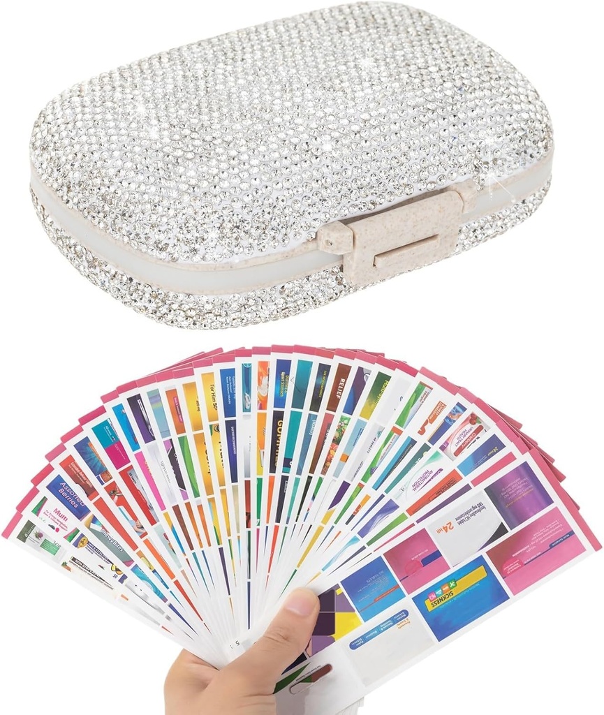 גלולת גלולות עם תוויות Bling Pocket Pill Case עם מדבקות Travel Medicine Kit Holder Small Purse Pill Boxer המכילה אחסון מיני תרופות (White & 300 תוויות)