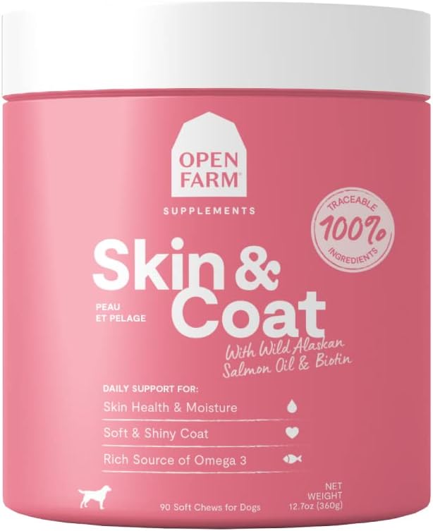 Open Farm Skin & Coat Chews, תוסף כלבים, ויטמינים לכלבים, תומך Soft ו Shiny Stick Using Traceable ו Vet-Approved Ingredients, 12.7 oz, 90 Count