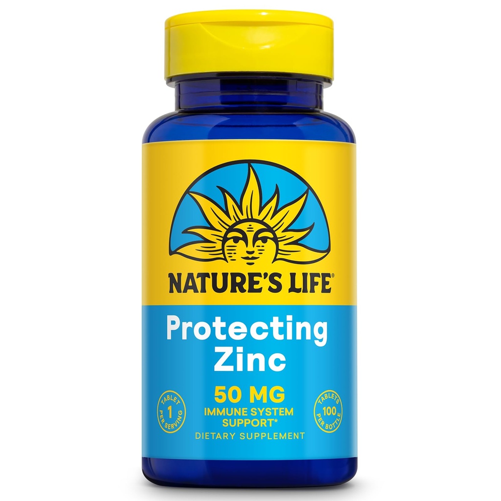 NATURE'S Life Protecting Zinc 50 מ"ג עם 2.5 מ"ג Copper - תוספת של Chelated Zinc לתמיכה ב- Immune, Bone Health, Function and Heart Health Support, 60 יום ערבות, 100 משרתים, 100 טבליות