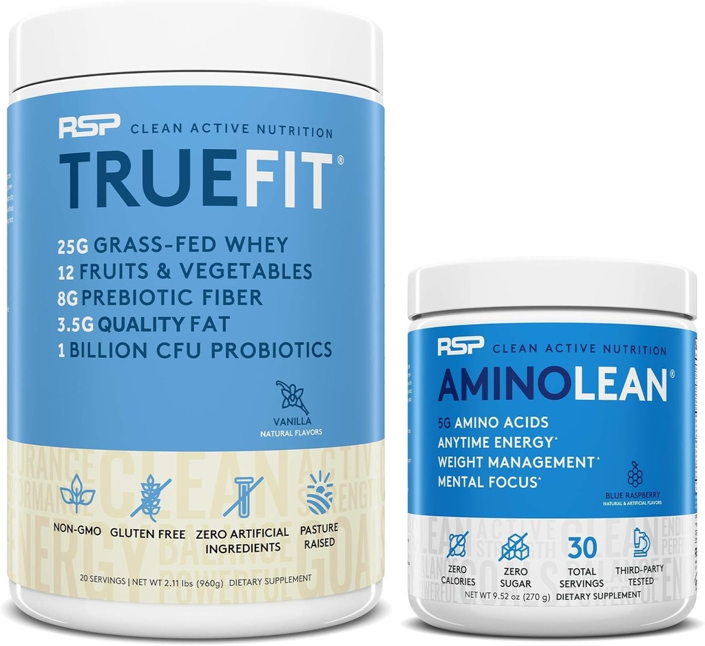 AminoLean Pre Workout Energy (כחול פטל 30 משרתים) עם אבקת חלבון TrueFit (Vanilla 2 LB)