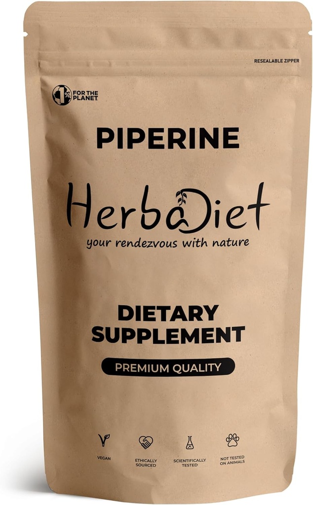 צמחיית Herbadiet פיפרין 95% אבקת לחלץ Black Pepper 95% על ידי Hplc | Bioavailability Enhancer, Boosts Foodsents Uptake