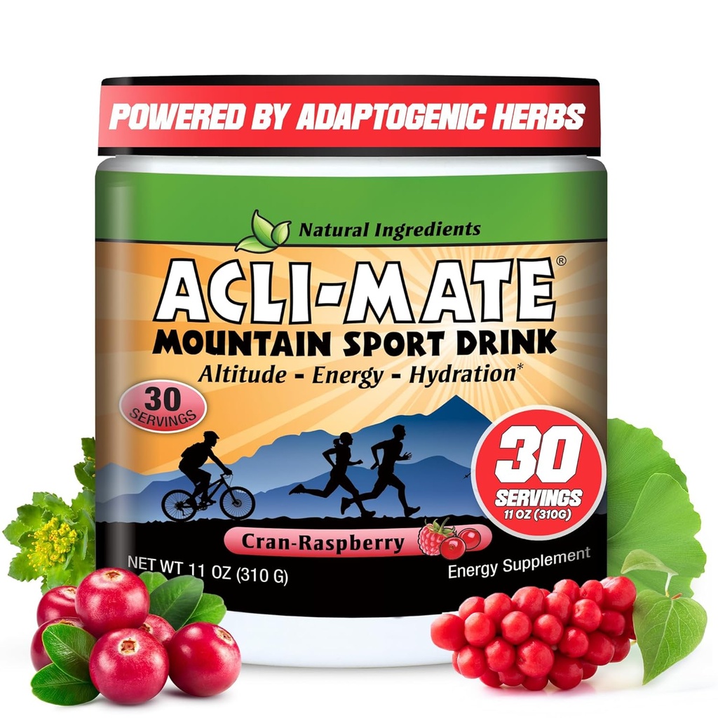 Acli-Mate Mountain Sport Drink - High Altitude Acclimatization Electrolytesאבקת אנרגיה Mix - החזרת משקה עבור ריצה, Hiking, Cycling, Travel & More (1 Tub, CranRaspberry)