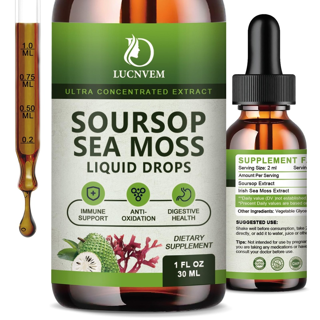 (2 Pack) אורגני Soursop Graviola עם Sea Mosss נוזל טיפות, Soursop bitters נוזל עשיר ב Multivitamin עבור אנטיחמצן טבעי, Immune Boost, תמיכה תאים והתחדשות, Pineapple Flavor פלדור