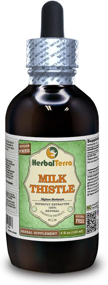חלב Thistle (Slybum Marianum) Glycerite, אורגני Dried Leaves Alcohol-Free Liquid Extract (Brand Name: HerbalTerra, Proly Made in USA) 4 fl.oz (120 מ"ל)