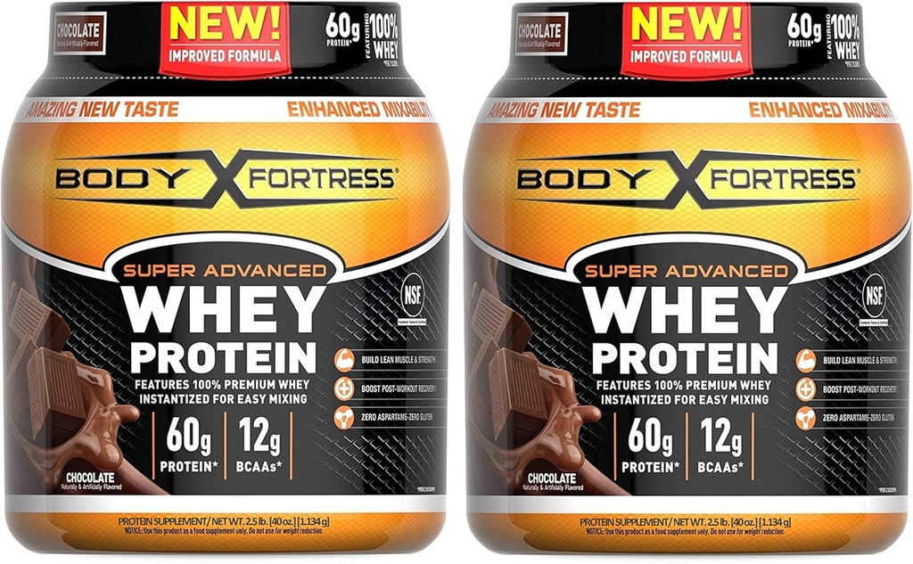 גוף מבצר Super מתקדם אבקת חלבון Whey, Gluten Free, Chocolate Flavor, 2 פאונד, Pack of 2