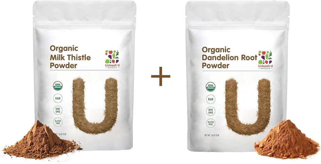 UNLEASH'D OrganIC Milk Thistle אבקה 1 פאונד ואבקת שורש דנדלון אורגנית