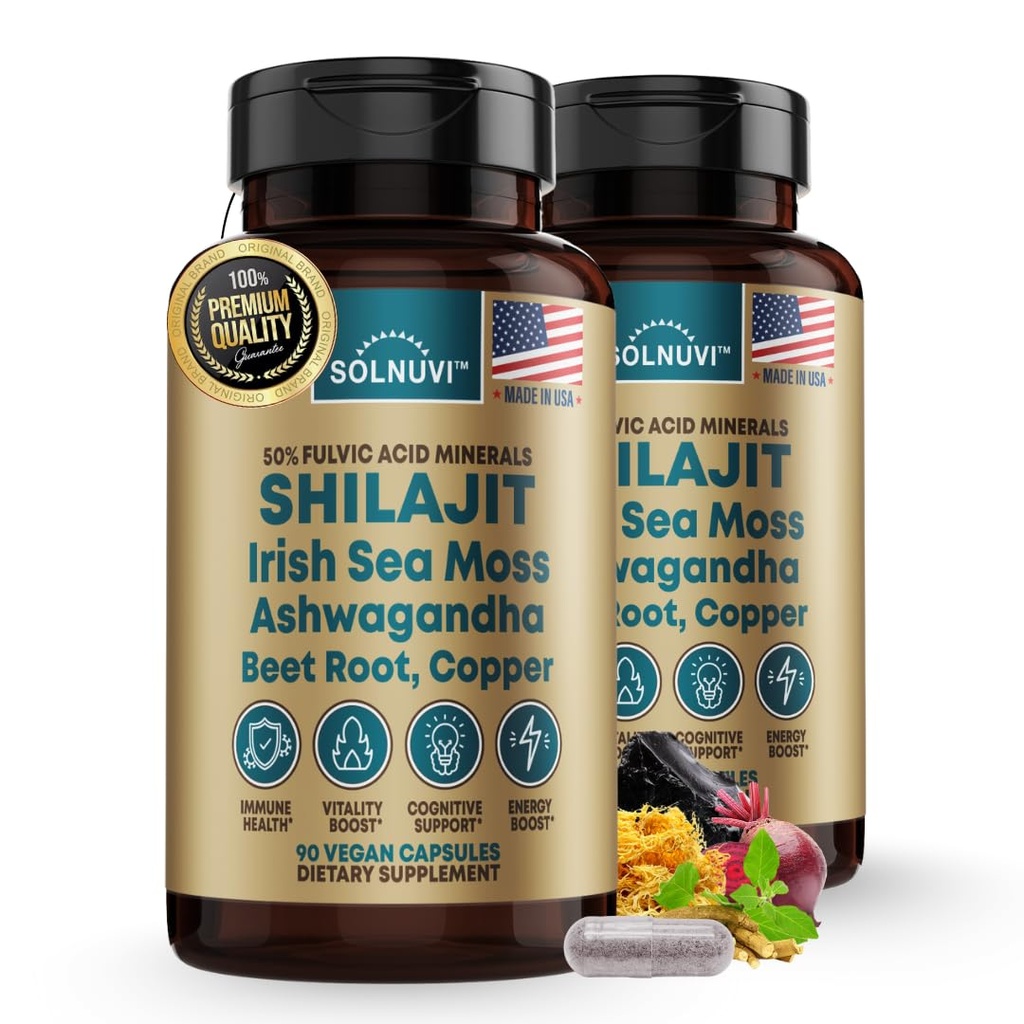 Shilajit Pure ההימלאיה אורגנית עם הים האירי Moss, Ashwagandha, Copper, Beet Root - Fulvic Acid Trace מינרלים תוספת לגברים ונשים - 90 Count, non-GMO, Gluten-Free Gluten-Free Gluten-Free Gluten-Free Gaten-Free Acid Trace מינרלים