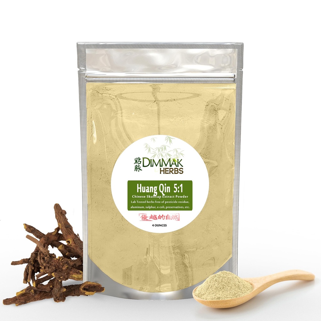 Dimmak Herbs אורגני Scutearia Baicalensis סיני Skullcap Root (Huang Qin) 5:1 אבקת לחלץ; מעבדה Tested Premium סיני Herb darx Scuteariae אבקת בצורת תמצית פוטרנט - 4oz (112g)