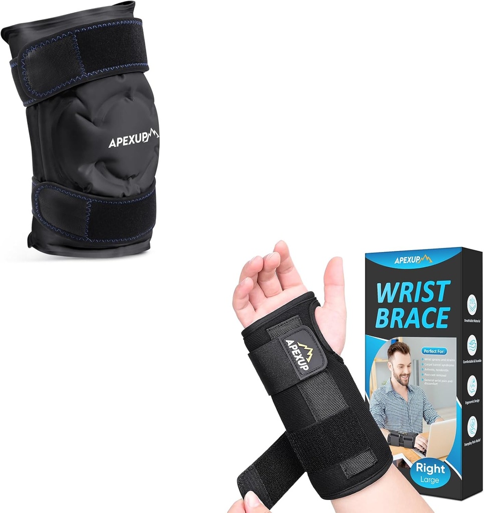 APEXUP Ice Pack for Knee Pain Relief (Large, 1PK) + Wrist Brace for Carpal Tunnel (S, Right)