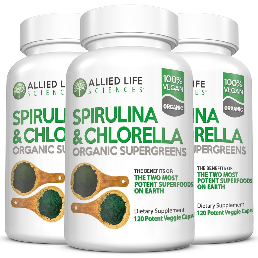 Allied Life Spirulina ו Chlorella | אורגני Chlorophyll טבעוני אבקת חלבון ירוק superfood קפסולות | תמיכה טבעית של Immune (3 Pack)