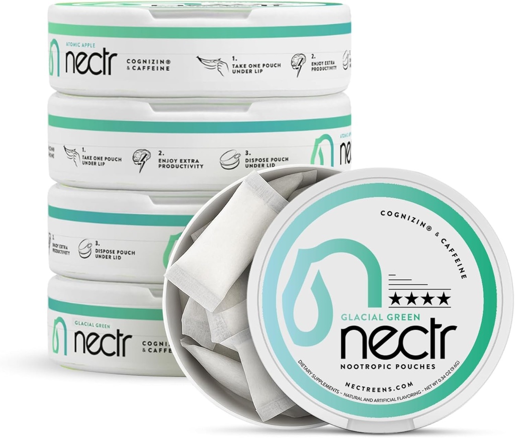 Nectr Energy Nootropic Pouches - Glacial Green Wintergreen Caffeine Pouches עם Cognizin® Citycoline. טיפול במוח ללא סוכר Smooth, Sustained Focus & אנרגיה תוסף - 5 Pucks של 16pcs