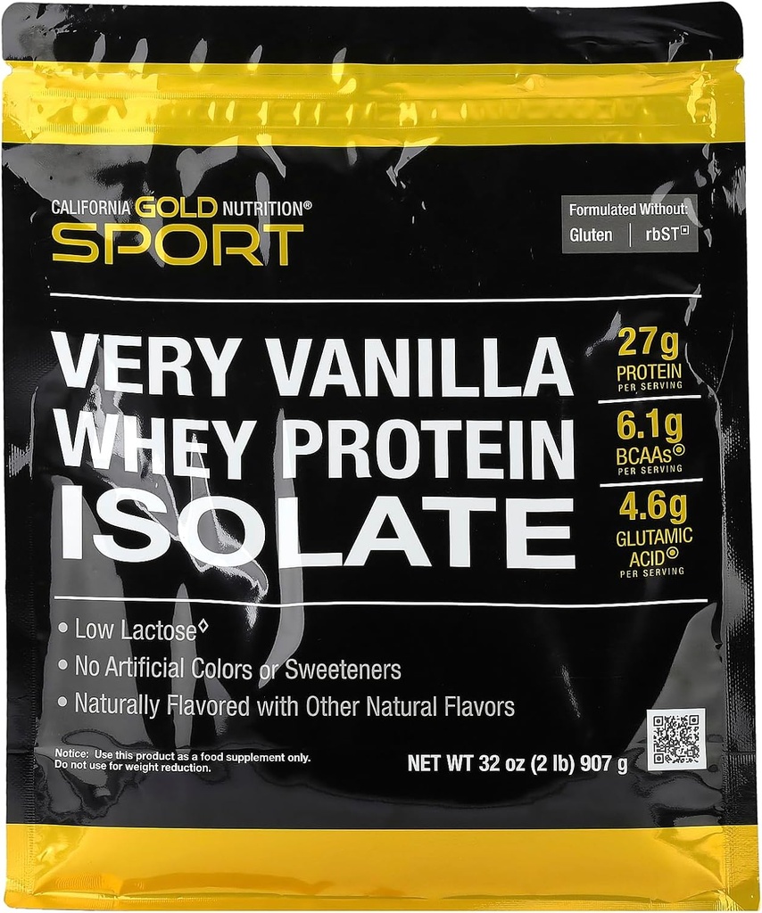 California Gold Nutrition Sport, Whey Protein Isolate with Organic Cane Sugar, with Sunflower Lecithin, Very Vanilla, 2 lb (907 גרם)