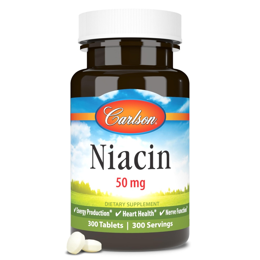 קרלסון - Niacin, 50 מ"ג, תומך Cholesterol Metabolism, ייצור אנרגיה, בריאות הלב, תפקוד עצבי, 300 טבליות