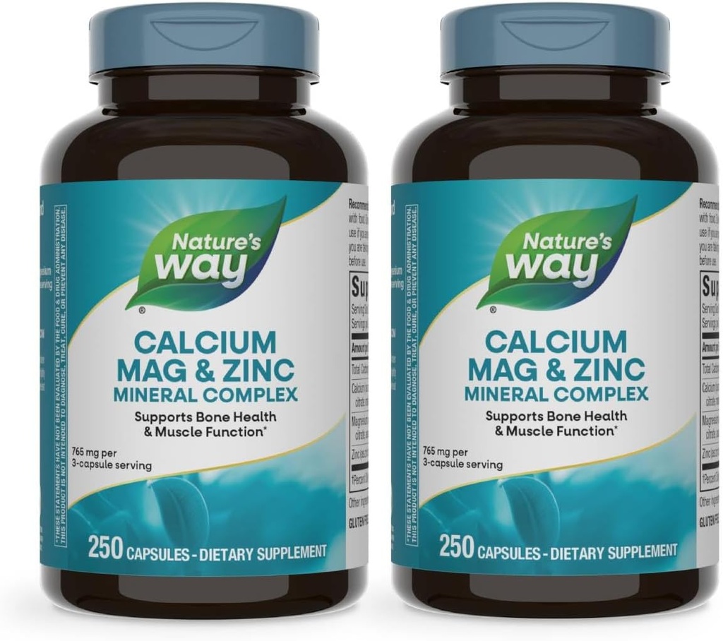 Nature's Way Calcium Magnesium & Zinc מינרלים Complex, תומך בתפקוד בריאות העצם והשרירים*, Immune Support*, 250 קפסולות (Packaging May Vary) - 2 Pack