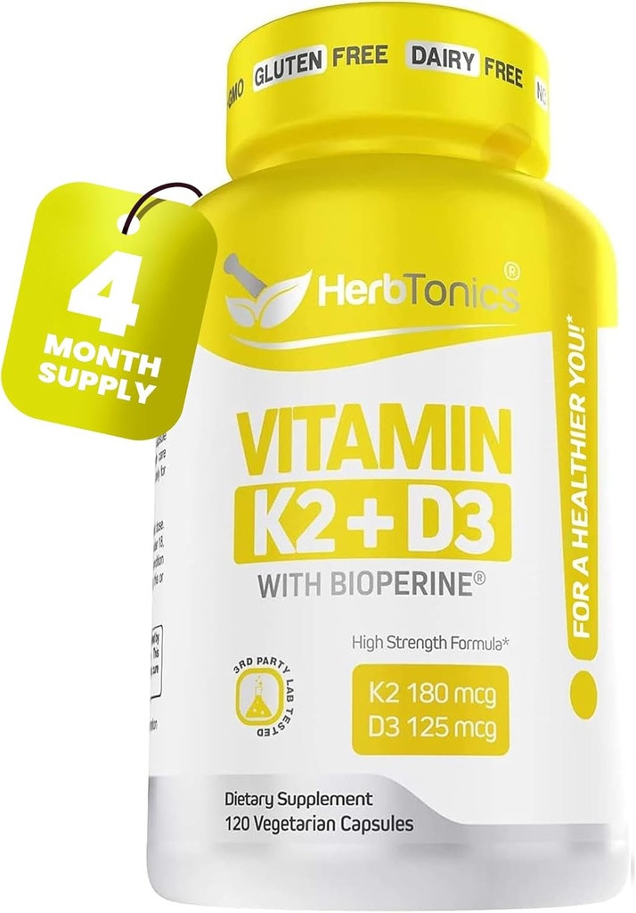 מערכת החיסון תומכת בויטמין K2 (MK7) עם D3 5000 Iu תוסף + Bioperine (Black Pepper) | עצמות חזקות ובריאות הלב | K2 D3 Complex | קל ל-Swallow 120 קפסולות Veg
