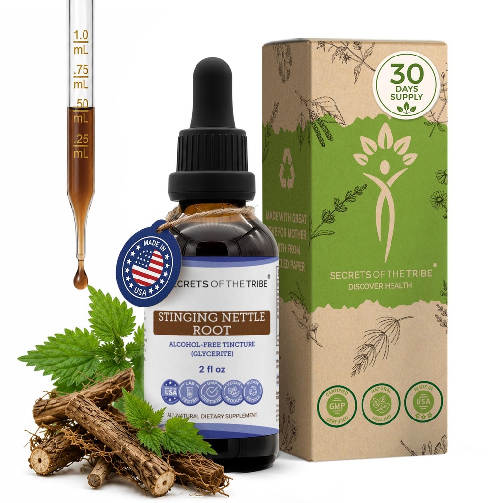 סודות של השבט Sting Nettle אלכוהול ללא תשלום, Sting Nettle (Urtica Dioica) Dried Root (2 FL OZ)