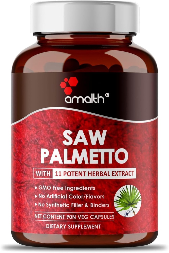 AMALTH Premium Sawפאלטו קפסולה- תוספת כוח פורמולה עם אשווגנדה, Tribulus, ג'ינג'ר, Maca, בזיליקת קודש ותמיכה טבעית יותר, 90 קפסולות