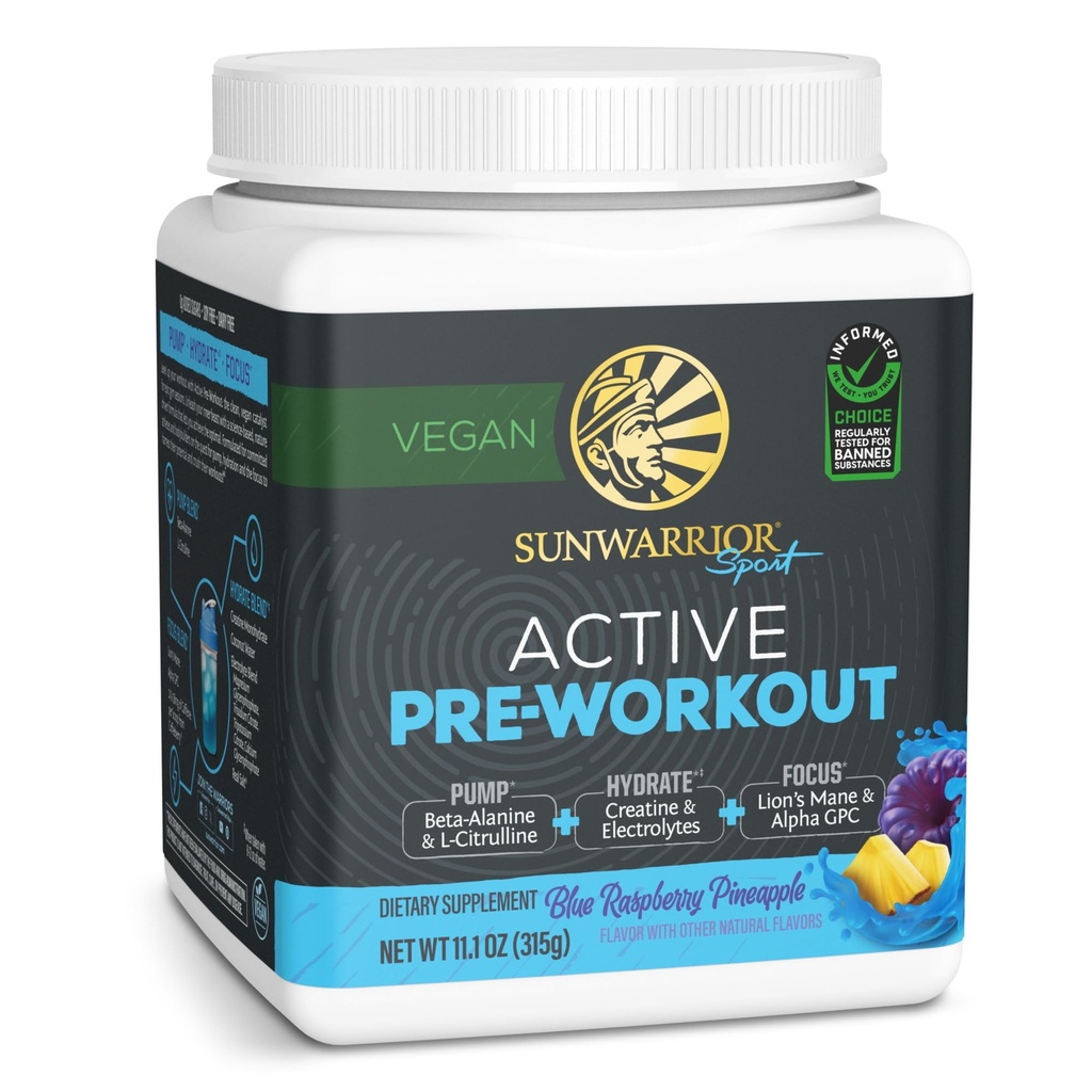 Sunwarrior Pre Workout אבקת אנרגיה לשתות שומן מבוסס צמחי טבעוני, hydrote, Focus, Endurance, ו-Power Builder Blue Raspberry Pineapple Flavored 30 משרתות Active Preoutworkout