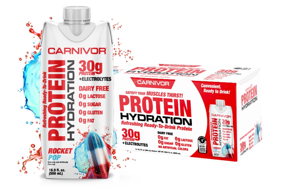 שריר Meds carnivor hydrotion RTD, מוכן לשתות, Lactose חינם, סוכר חינם, 30g Isolate חלבון, Halal Certified, Rocket פופ, 16.9 Fl Oz (Pack של 12)
