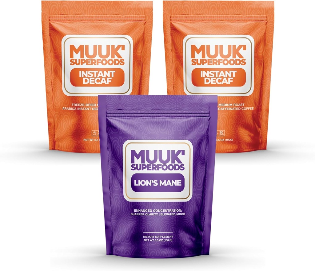בסביבה הקרובה של MUUK SUPERFOODS | Decaf Mushroom Coffee Bundle | 60 ליטרים של אבקת מטאטא אריה פלוס 60 כוסות קפה מיידי