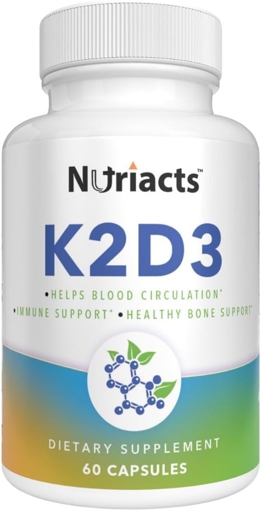 ויטמין D3 K2 עם Calcium & BioPerine 60 קפסולות - מקיף בריאות העצם, תמיכה Cardiovascular, שיפור Absorption - non-GMO, סוכר חינם