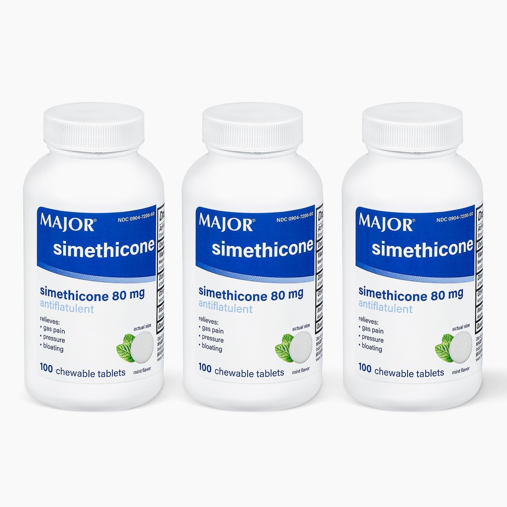 MAJOR Simethicone Gas Relief 80 מ"ג - Anti Flatulence, Bloating and Gas Pressure Aid - 100 טבליות צ'כימות (3 Pack)