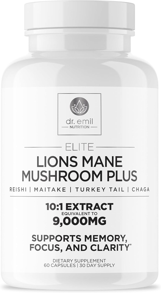 DR. EMIL NUTRITION 9000 מ"ג אריות אורגניות מאן תוספי קפסולות עם Chaga, Reishi & Maitake - Natural Mushroom Band for Wellness Support