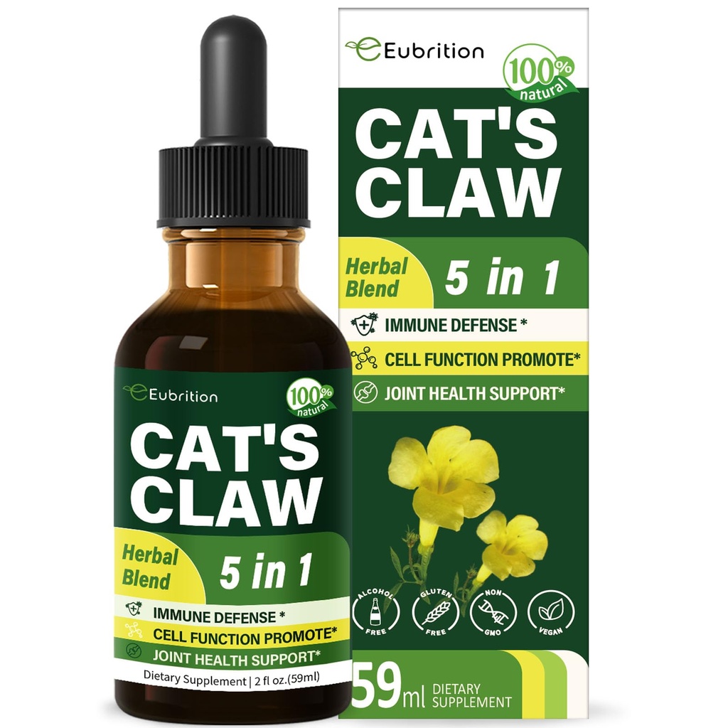 Cat's Claw Herb (Uña de Gato) Immune Support Drops, 5-in-1 Herbal תוספת עם Echinacea & Elderberry Extract, אלכוהול חינם Tincture עבור Immunity Boost, Joint & Bone בריאות. 2 oz