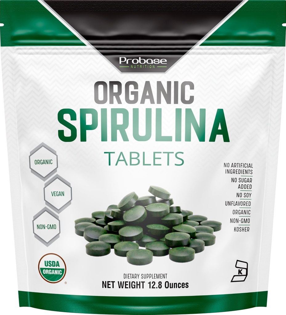 Probase Nutrition Organic Spirulina תוסף, 3000MG Per משרת, 720 טבליות (4 חודשים אספקה), No Filler & Non-GMO, עשיר בחלבון טבעוני, ויטמינים & Prebiotics, Premium Spirulina Pills