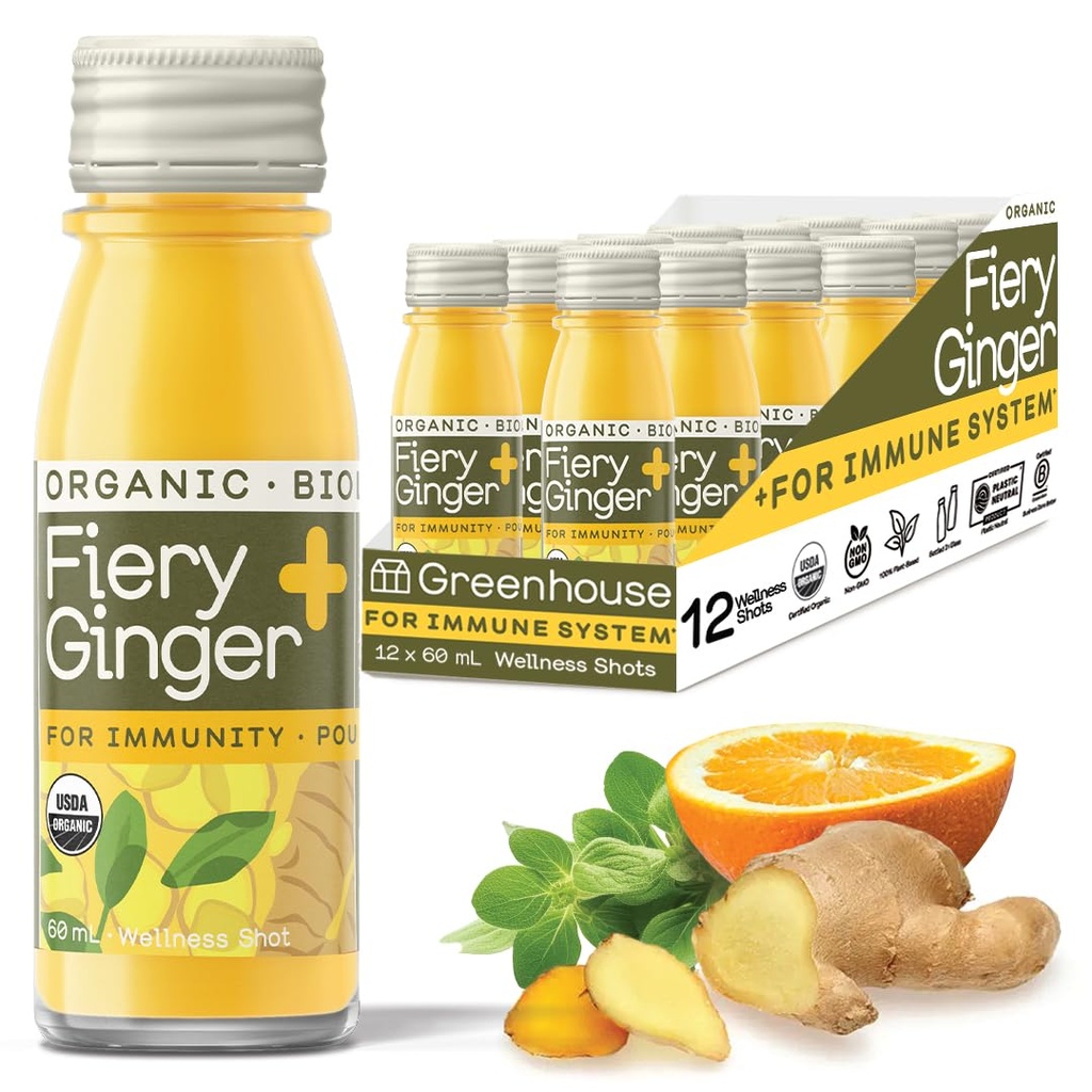 Greenhouse Juice Organic Fiery ג'ינג'ר ביץ' Shots 12-Count 60ml Glass Bottles, טבעוני וגלוטן חינם