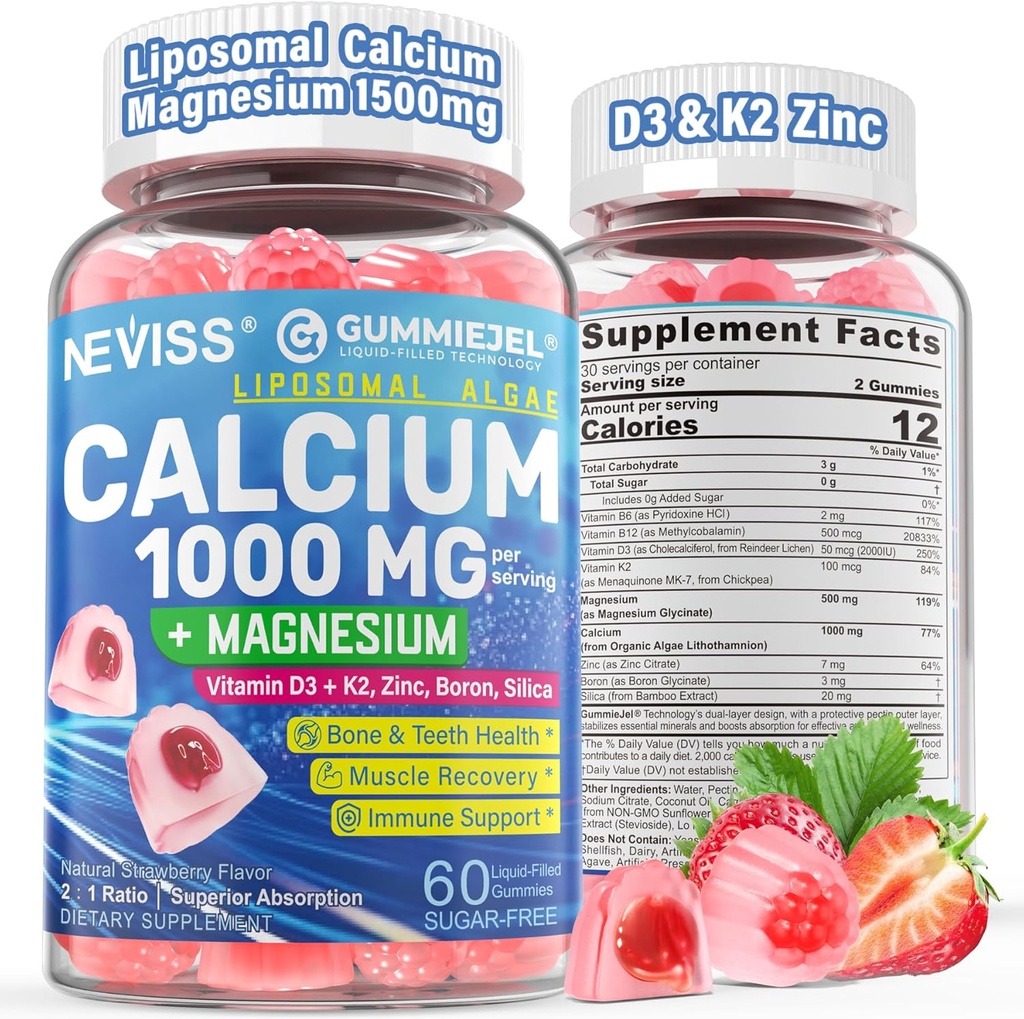 תוספי Calcium עבור נשים, גברים - Liposomal Calcium 1000 מ"ג עם ויטמין D3 K2, Magnesium Glycinate, Zinc, Boron, Silica לבריאות העצם - סוכר חינם Calcium Magnesium Magnesium Zincmies, טבעוני, 60 Count