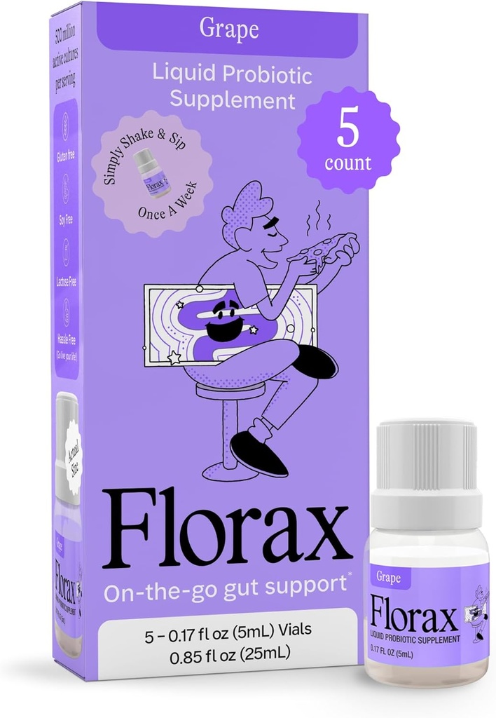 פלורקס - נוזל פרוביוטיקה - On-The-go Gut Support for Women, Men and Children - Vegan, Gluten Free, Lactose Free, Soy Free and Preservative Free - Grape Flavor - 5 Vials
