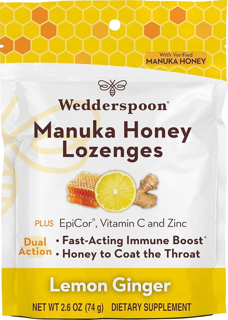 Wedderspoon Manuka Honey Immunity Lozenges, לימון ג'ינג'ר, 2.6 Oz (Pack of 1), Genuine New Zealand Honey, Boost Immunity בתוך שעתיים