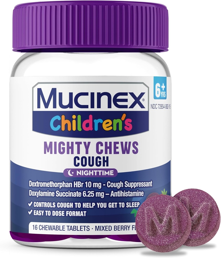 Mucinex Children's Mighty Chews Nighttime Kids Cough Medicine, Easy to Dose Cough Suppressant with Dextromethorphan, Kids Travel Medicine for Cough, המעורב ברי פלאמור, 16 טבליות צ'אדות צ'ווגות
