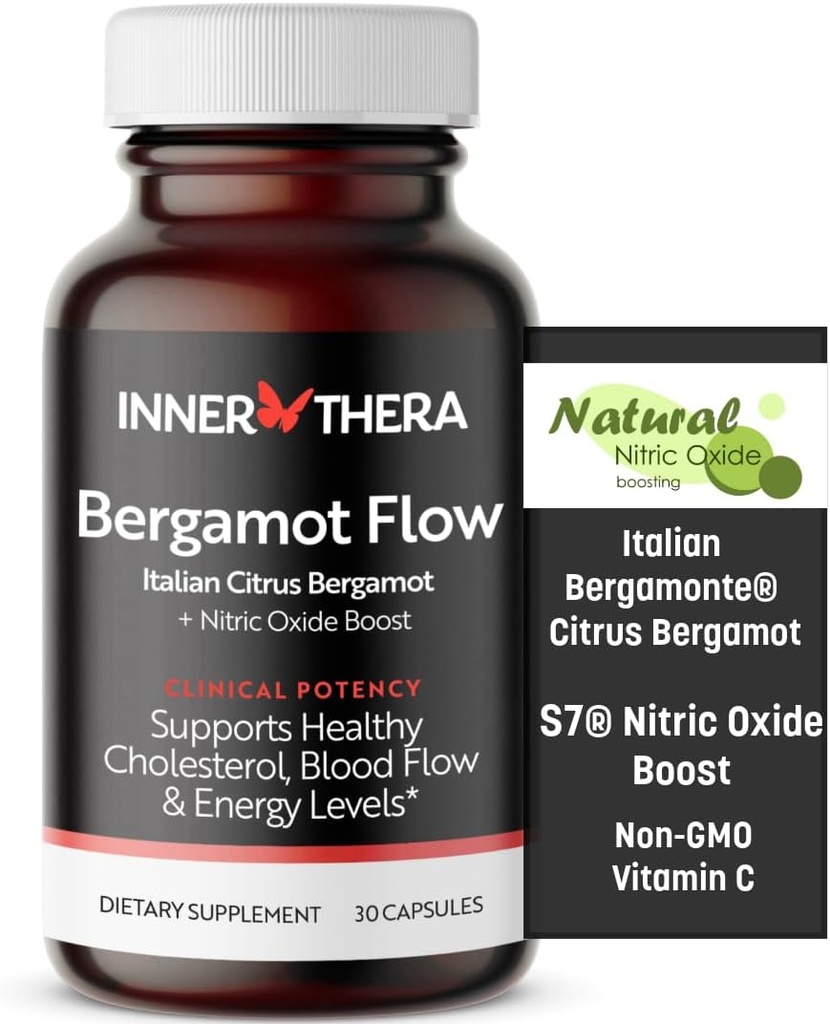 Bergamot Flow Italian Citrus Bergamot + S7 Nitric Oxide, Bergamot תוסף עבור כולסטרול גבוה - הגדלת זרימת הדם, Circulation & Energy Levels - Made with Patented Italian Bergamonte Extracte