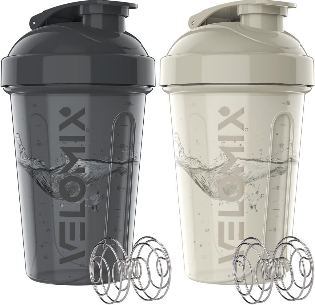 VELOMIX -2 Pack- 20 oz חלבונים שיקר בקבוק למיקס חלבונים - 2x Wire Whisk | Leak Proof Shaker Cups forחלבון Shakes and Pre Workout | חלבונים Shaker Bottle Pack (Gray/White)