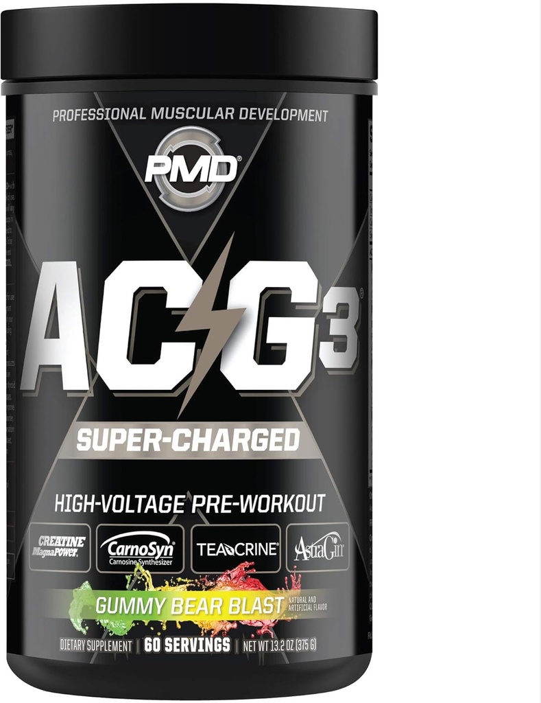 PMD Sports ACG3 Supercharged - Pre Workout - כוח חזק, אנרגיה גבוהה, מקסימיזציה של מיקוד נפש, סיום ומופע עבודה אופטימוסם עבור גברים ונשים - Gummy Bear Blast (60 משרתים)