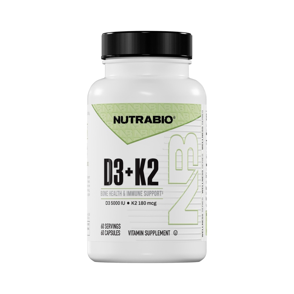 NutraBio ויטמין D3 K2 | 5000 IU D3 כמו Cholecalciferol עם ויטמין K2 כמו MENA-Q MK7 (180mcg) | תמיכה העצם ובריאות הלב | Non-GMO, Gluten Free, Lactose חינם | 60 קפסולות ירקות