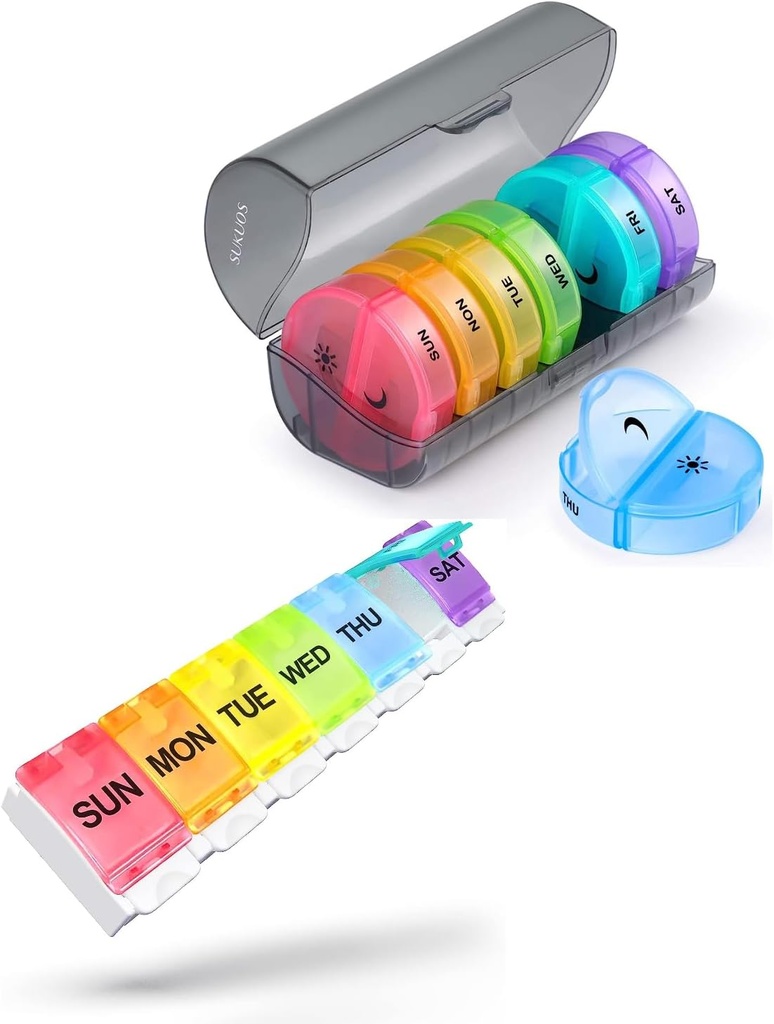 2 Pack Weekly Pill מארגנת, Sukuos Daily Pill Box 7 Day Pill Cases עבור ויטמינים, שמן דגים או תוספים, BPA חינם