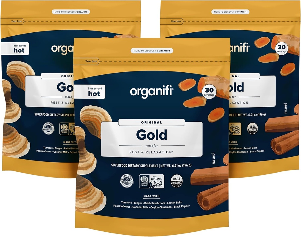 Orifi: Gold - Superfood תוסף אבקה - 90 משרתים (3 Pack) - תמיכה בלחץ, מנוחה טובה, הירגעות ומקדם שינה שקטה - Turmeric ו Reishi Infused