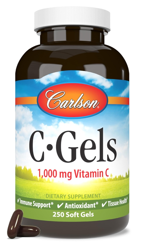 קרלסון - C-Gels, 1000mg, ויטמין C Softgels, Immune Support & Heart Health, ויטמין C Softgels, Antioxidant, ויטמין C, 250 Softgels