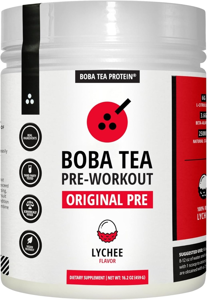 Boba Tea Pre-Workout אבקה | Lychee Flavor | 125-250 מ"ג קפאין | L-Citrulline, Beta Alanine, Alpha-GPC | Real Ingredients | Premium Pre Workout אבקה לגברים ונשים | 20-40 משרתים