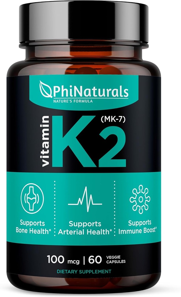 PhiNaturals ויטמין K2 Mk7 100 mcg טבעוני 60 קפסולות בריאות העצם הלב Cardiovascular Arteries - VIT k-2 MK 7 100mcg תוספת של Nattoto