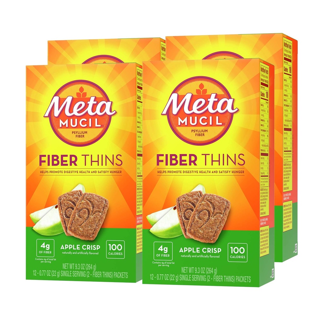 Metamucil, Fiber Thins, Daily Psyllium Husk סיבים, תומך בבריאות העיכול ו Satisfies רעב, Apple קריספופור, 48 מנות שלמות (4 Packs of 12)