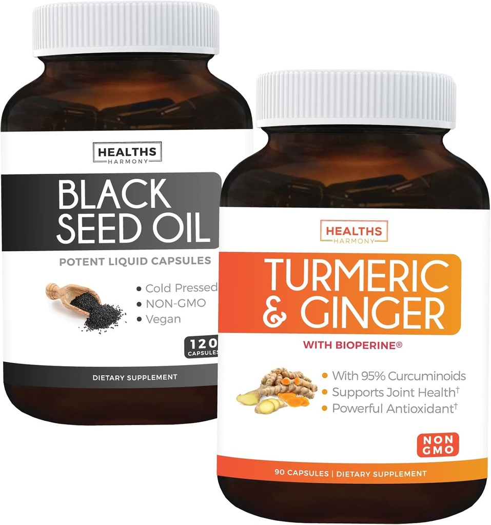 Bundle של Turmeric & ג'ינג'ר & Black Seed שמן - Golden Harmony בלגן - Turmeric & ג'ינג'ר עם 95% Curcuminoids & Bioperine (90 קפסולות) ו- Black Seed שמן (Non-GMO) 100% קר-Pressed Cumin Seed שמן