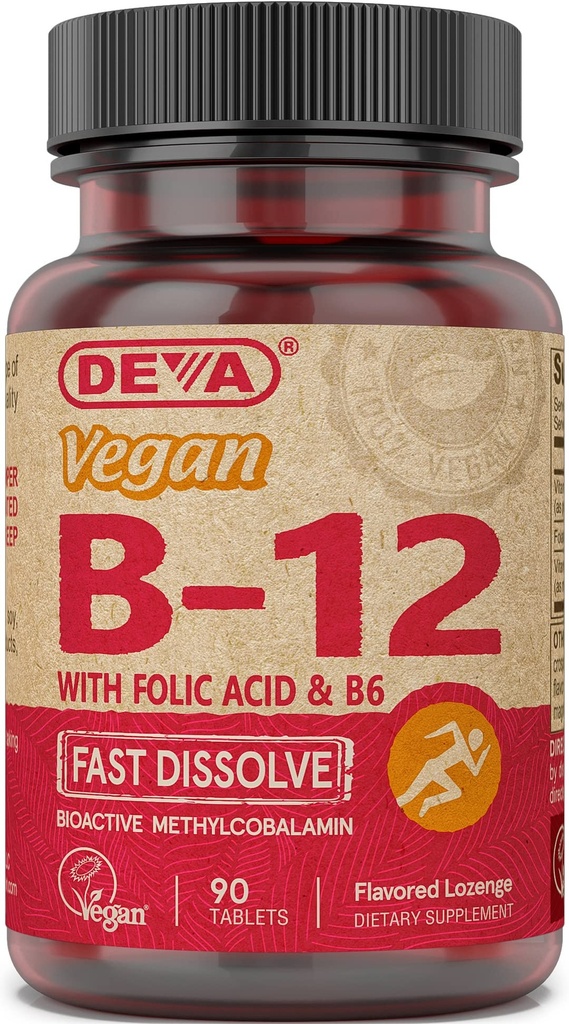 DEVA Vegan ויטמין B12 Fast Dissolve תוסף - Once-Per-Day Complex with 1000 Mcg Methyobalclamin B12, Folic Acid, B6 - Lemon Flavor - 90 טבליות בלתי פתורות,