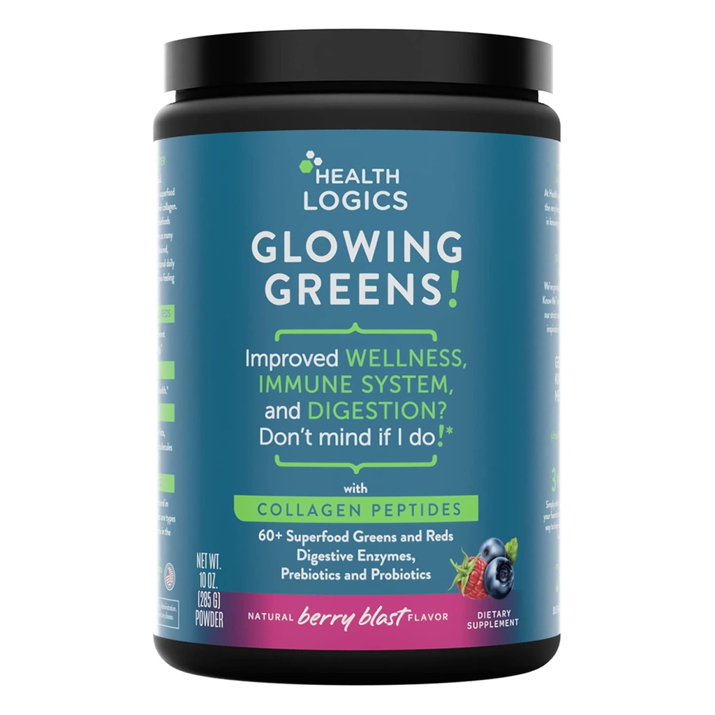 לוגיקה בריאות Glowing Greens Superfood אבקת עם Collagen Peptides, Digestive Enzymes, Prebiotics ו Probiotics - Antioxidant, לשפר את הבריאות, החיסון, העיכול ו- Gut בריאות תמיכה